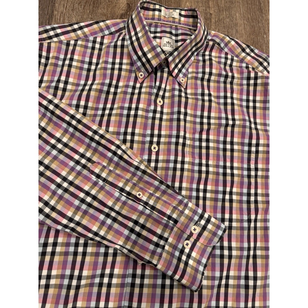 Peter Millar Men's Button Down Shirt Size Large Purple Pink‎ Brown Plaid